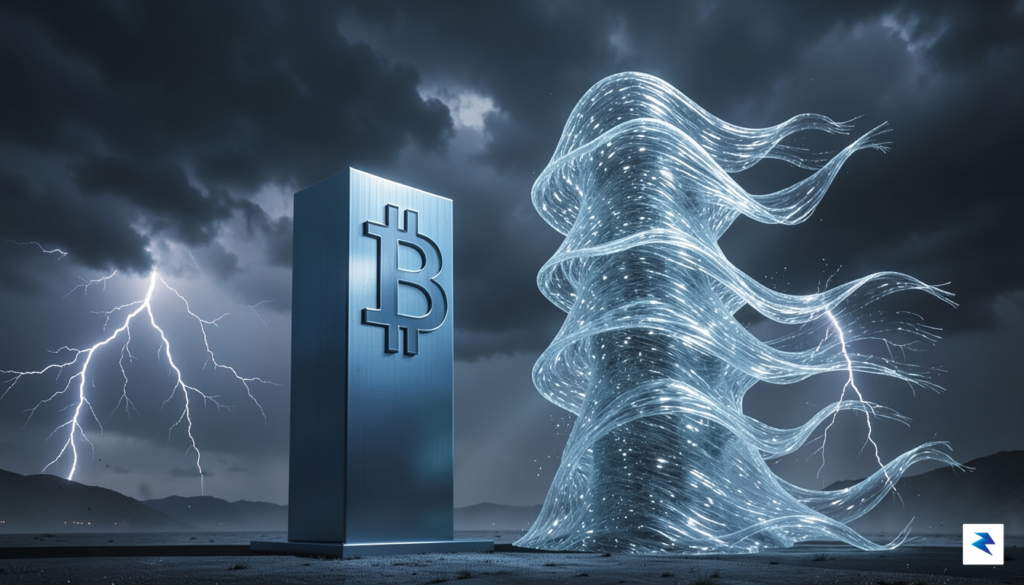 A digital visualization showing a steady, solid Bitcoin pillar standing…
