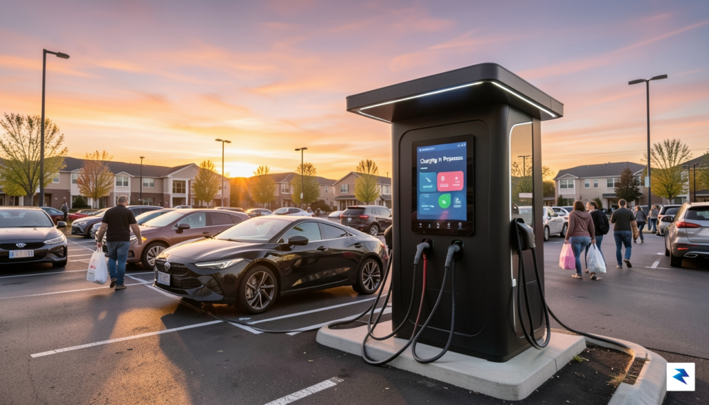 A wide-angle, eye-level shot of a modern, brightly lit electric&hellip;