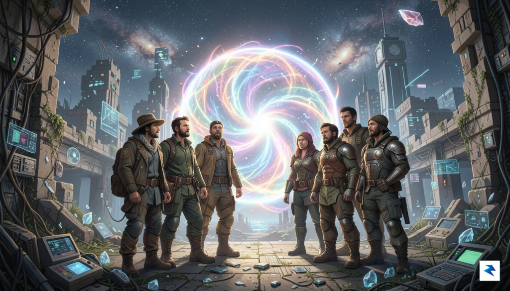 A nostalgic, high-resolution digital painting showing a diverse group of&hellip;