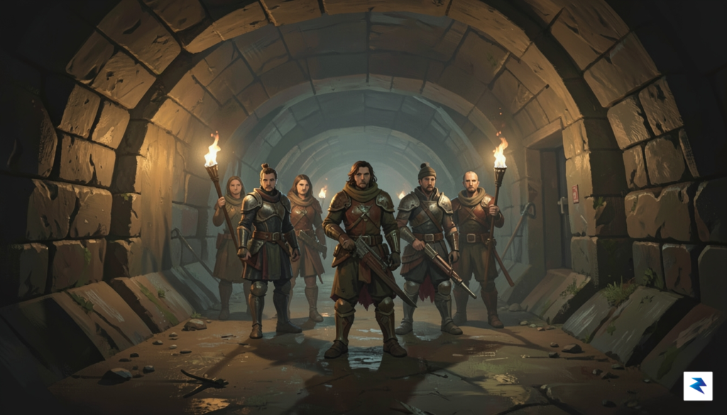 A nostalgic, atmospheric wide-angle shot of a group of adventurers&hellip;