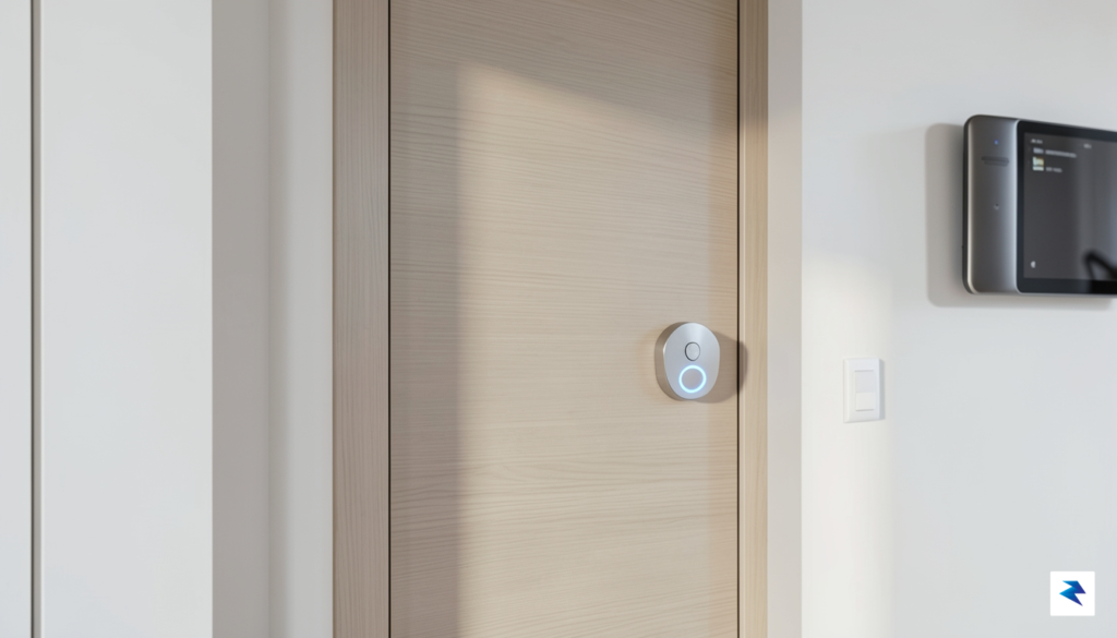 A high-resolution, modern smart home entrance featuring a sleek, minimalist…