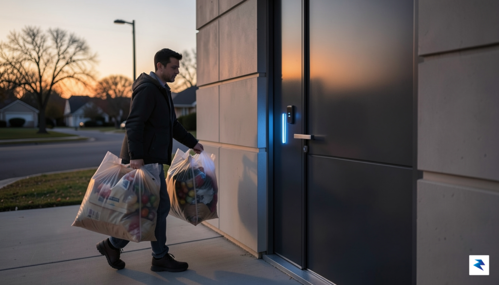 A wide-angle, eye-level shot of a person carrying two heavy…