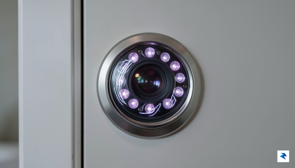 A close-up, high-tech macro shot of a smart lock lens…