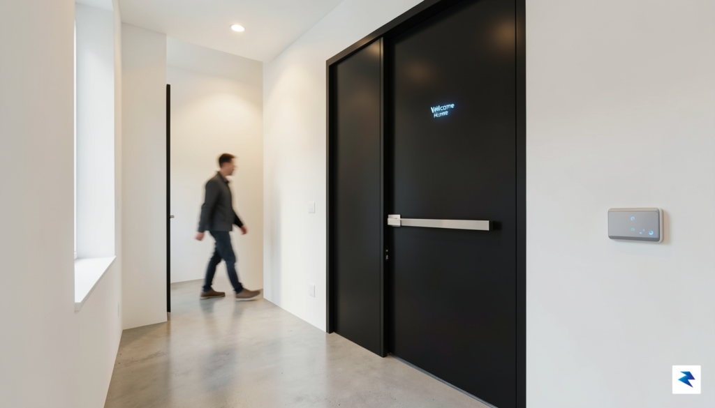 A sleek, modern smart home entryway featuring a minimalist door…