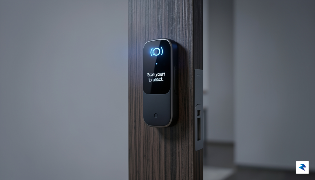 A close-up, high-tech studio shot of a sleek, modern biometric…