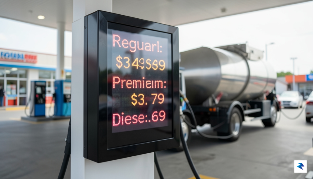 A detailed close-up of a digital fuel price sign at…