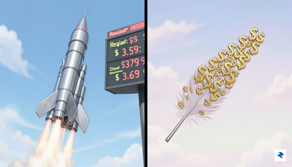 A split-screen illustration showing a fast-rising rocket made of gas…