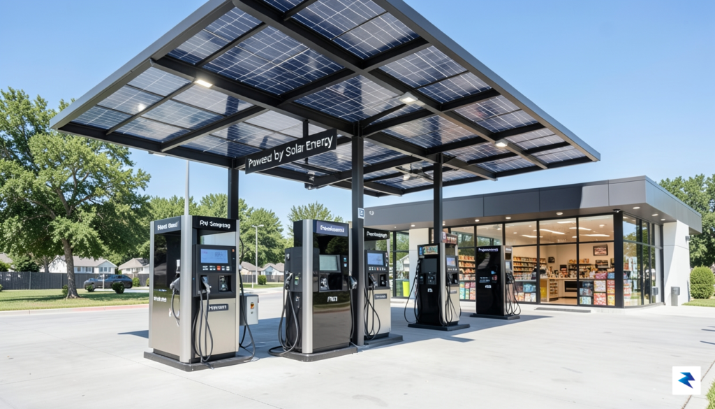 A modern, brightly lit gas station facility featuring both traditional…