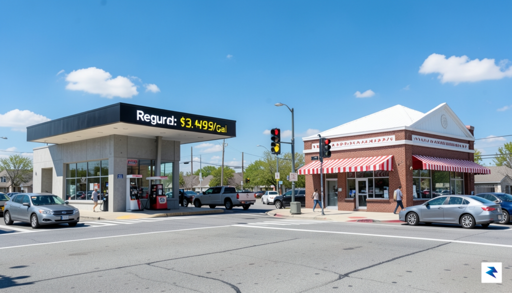 A wide-angle shot of a suburban intersection featuring two competing…