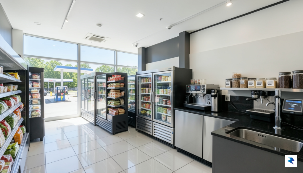 A wide-angle interior shot of a modern, brightly lit convenience…