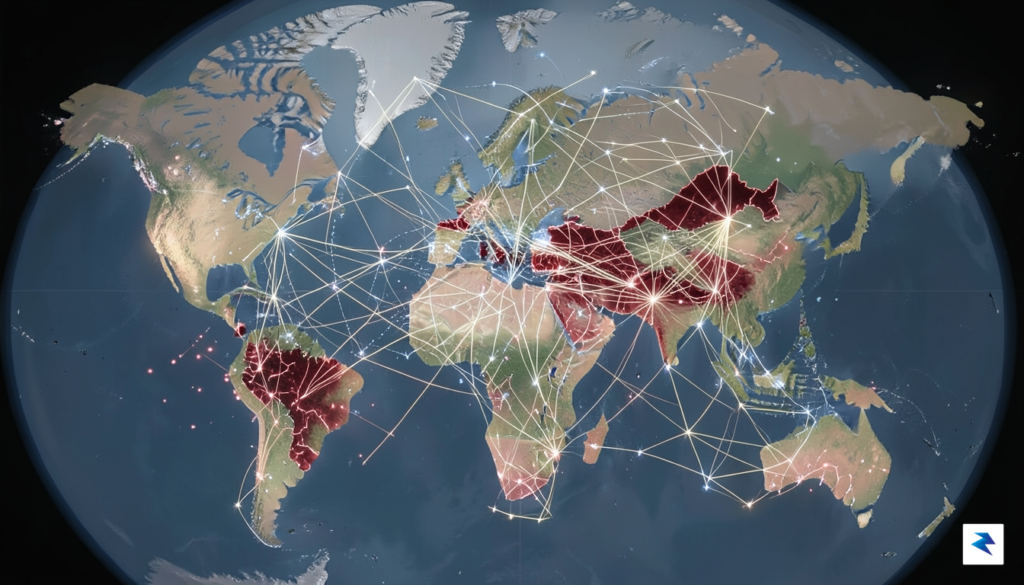 A conceptual digital illustration showing a complex, glowing global supply&hellip;