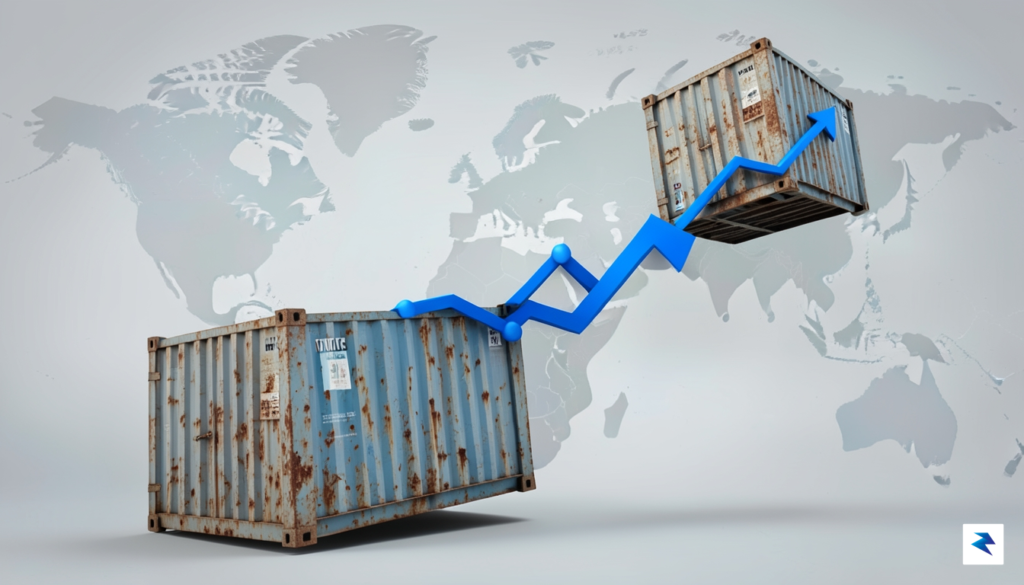 A conceptual illustration showing a global shipping container being pulled&hellip;
