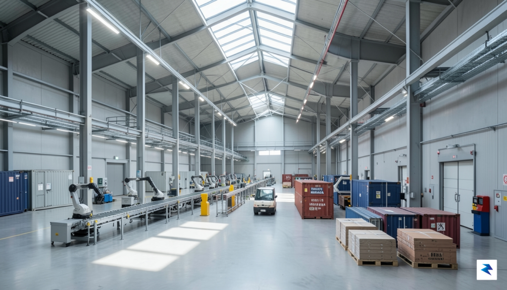 A modern, high-tech industrial warehouse with automated logistics systems, highlighting&hellip;