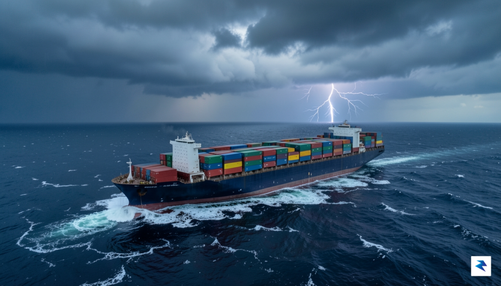 A wide-angle aerial shot of a massive container ship navigating&hellip;