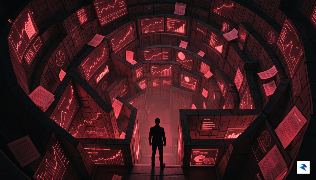 A digital illustration depicting a complex labyrinth of glowing red&hellip;