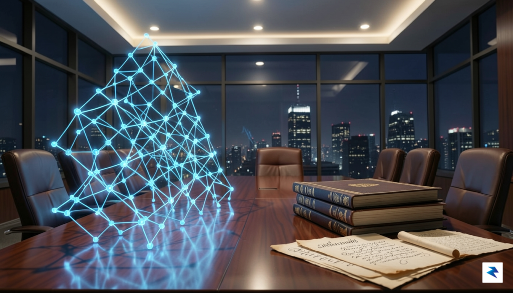 A conceptual illustration showing a digital, glowing blockchain grid on&hellip;