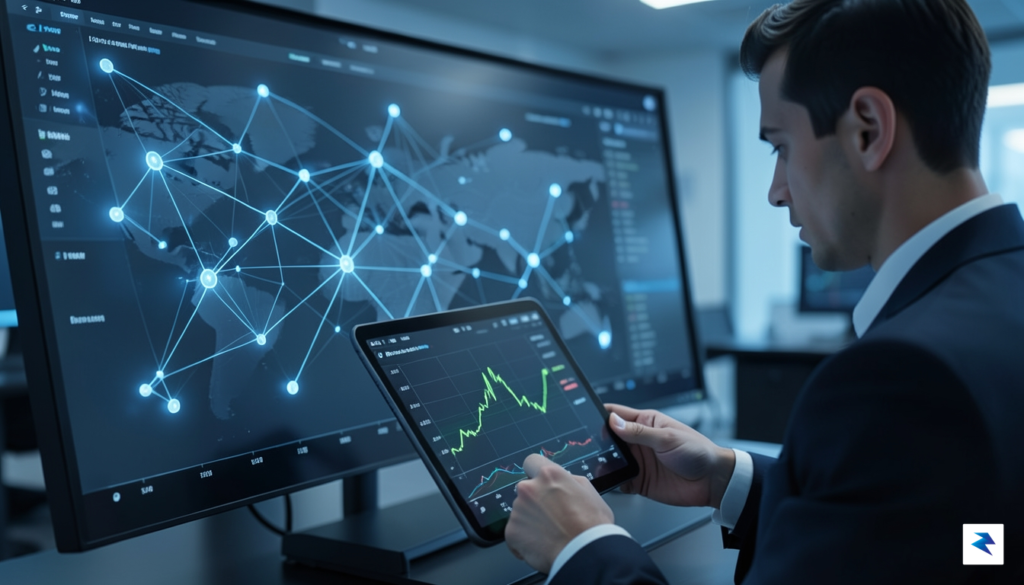 A sleek, modern digital dashboard showing glowing, interconnected nodes representing&hellip;
