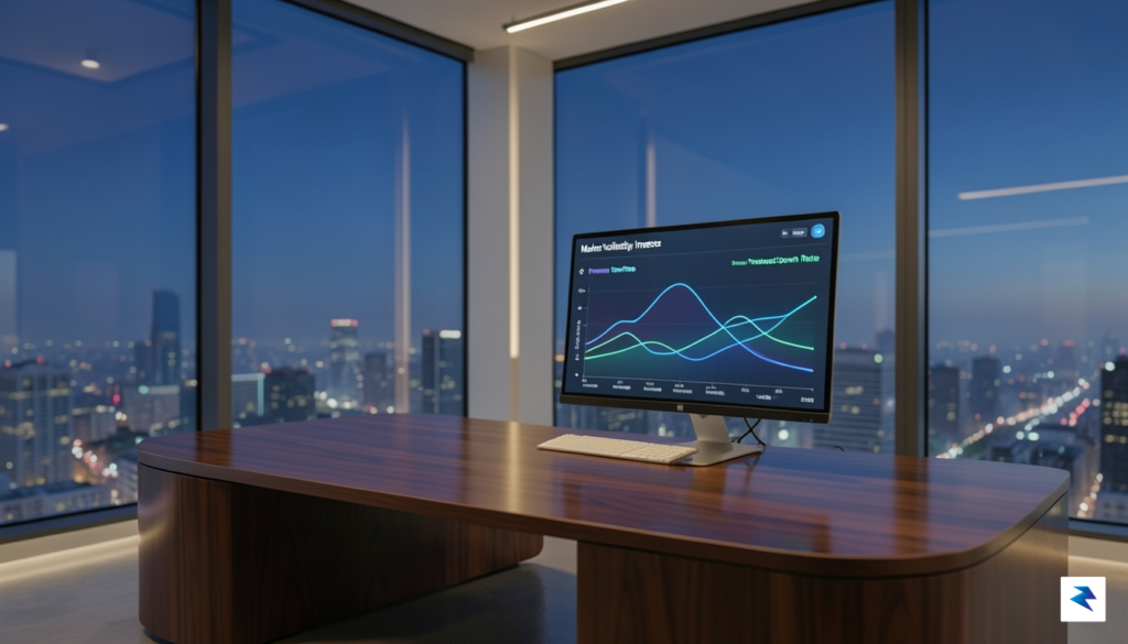 A modern, sleek financial office overlooking a digital, glowing data&hellip;