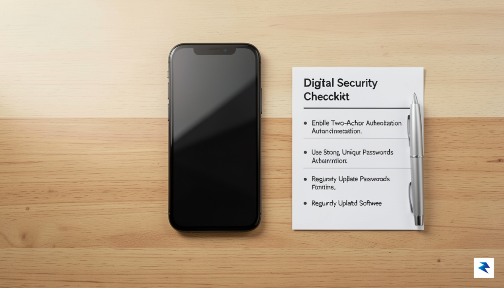 A clean, minimalist flat-lay photograph showing a modern smartphone resting&hellip;
