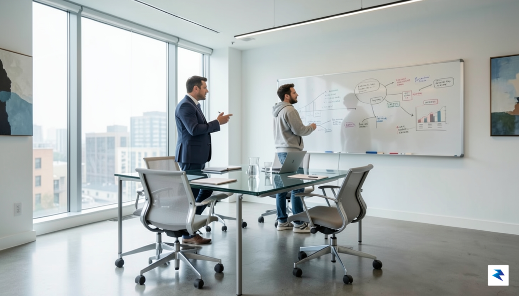A modern, minimalist office space where a venture capitalist and…