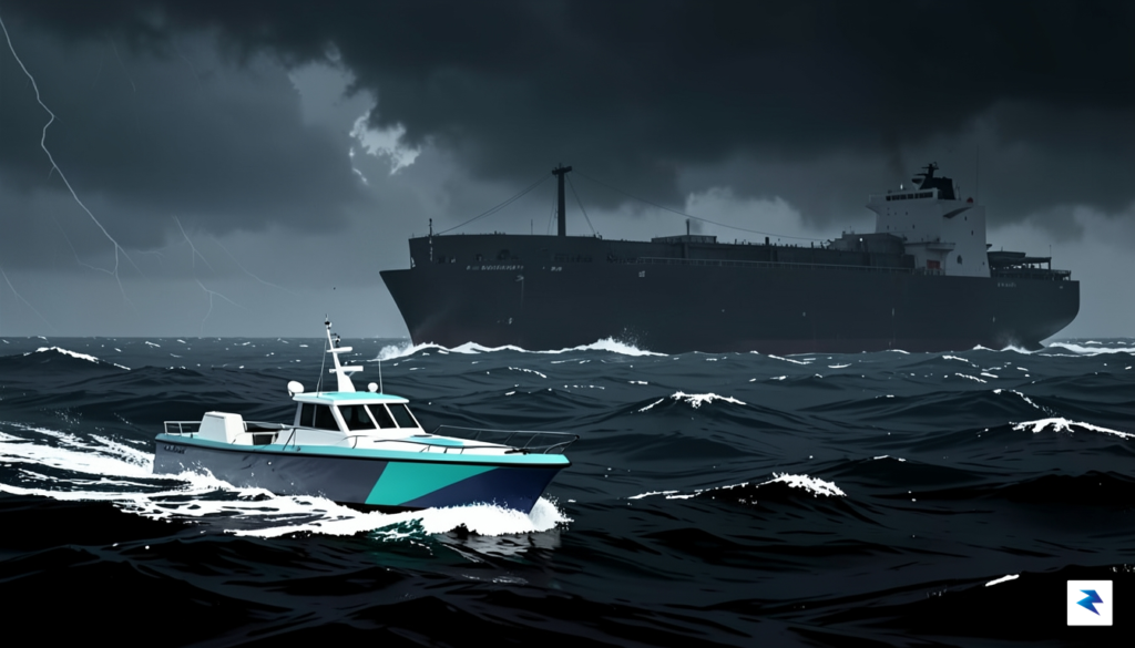 A minimalist, high-contrast conceptual illustration showing a small, agile ship…