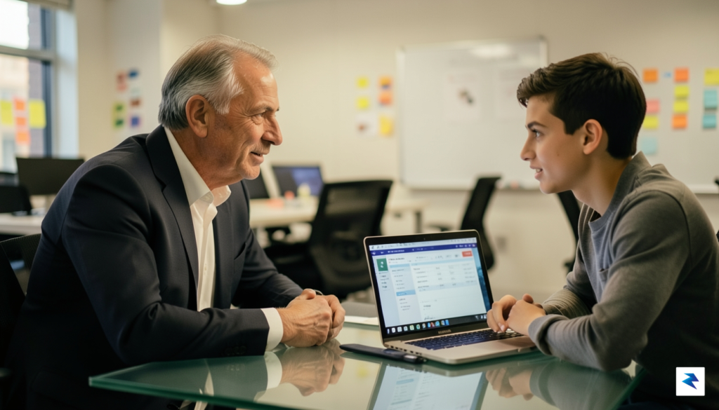 A close-up shot of two people, one a seasoned business…