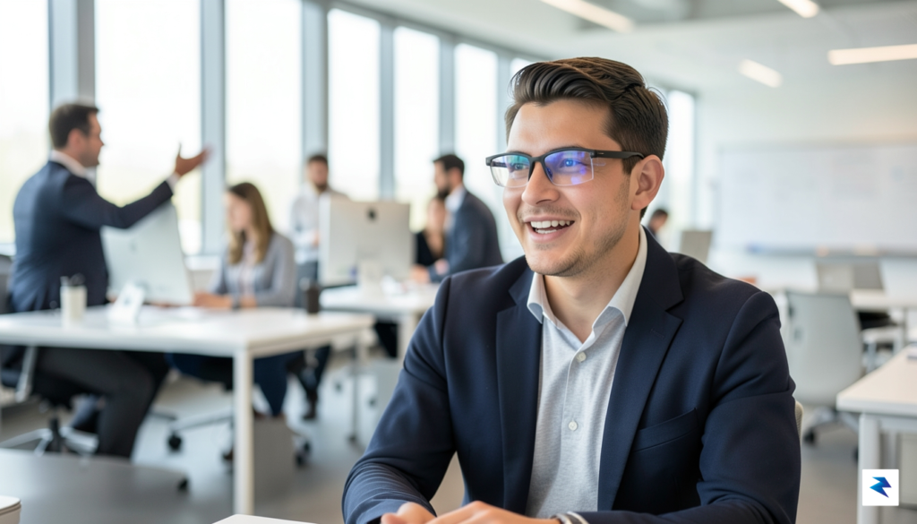 A professional sitting in a bright, modern office space wearing…