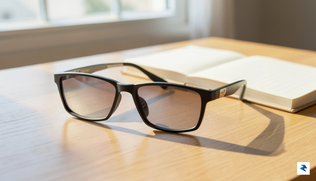 A sleek, minimalist pair of smart glasses resting on a…