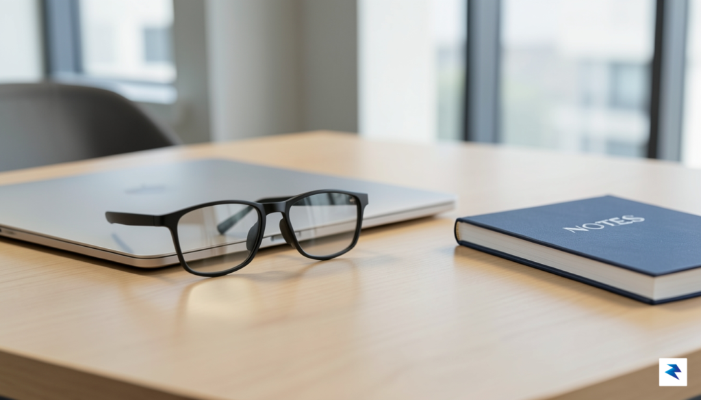 A sleek, minimalist pair of smart glasses resting on a…