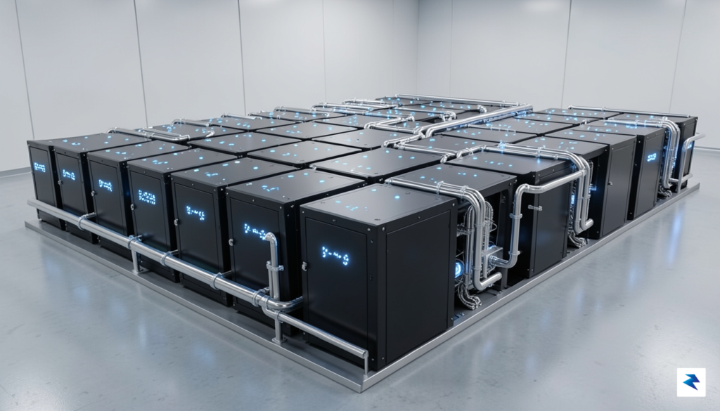 A clean, futuristic 3D visualization of a modular battery storage&hellip;