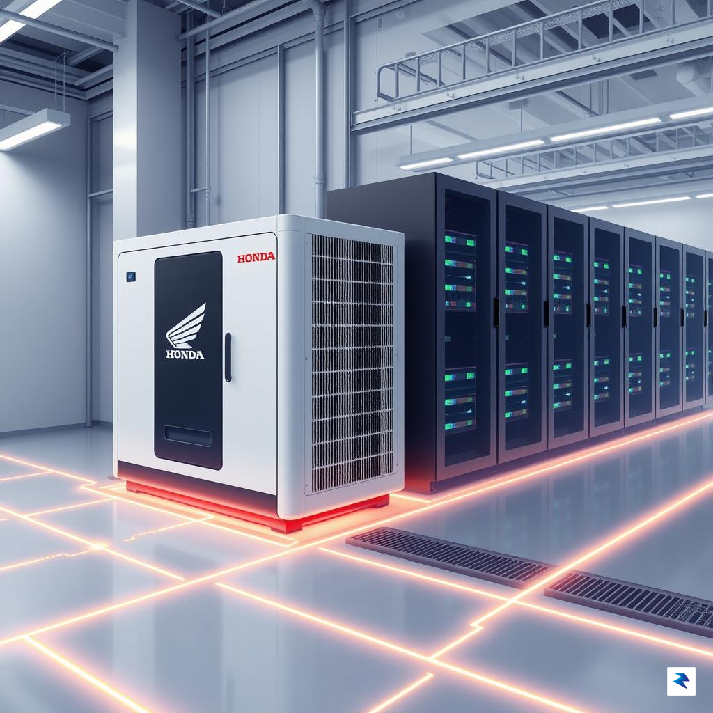 A conceptual illustration showing a sleek, modern Honda-branded industrial battery&hellip;