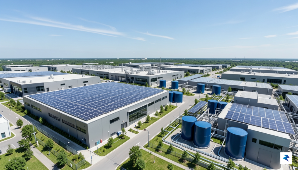 A modern, sprawling data center campus with large arrays of&hellip;