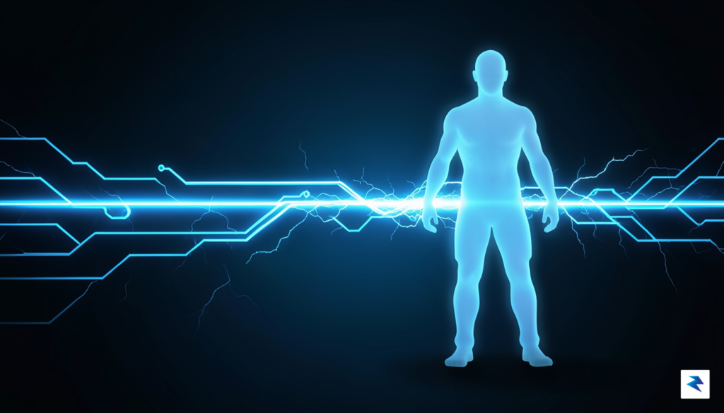 A conceptual digital illustration showing a glowing, high-speed circuit line&hellip;