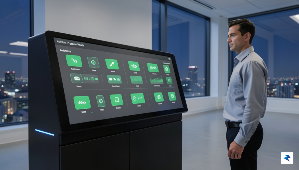 A modern, minimalist control dashboard showing automated system health metrics,&hellip;