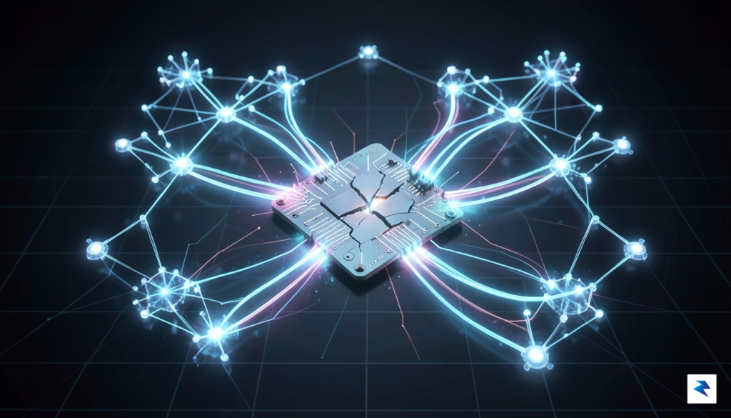 A conceptual digital visualization of a self-repairing AI architecture, showing&hellip;