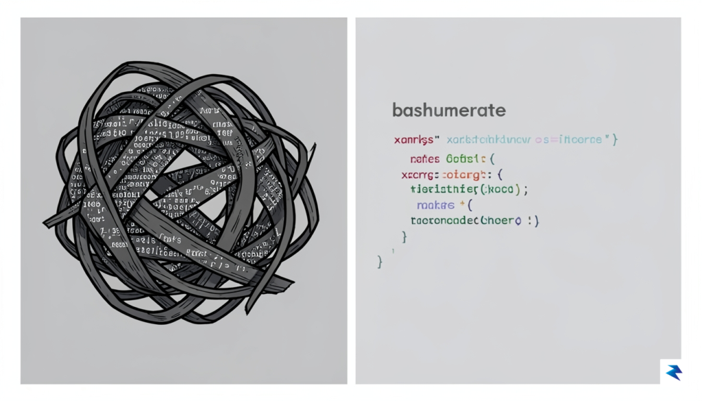 A split-screen illustration showing a complex, tangled knot of xargs…