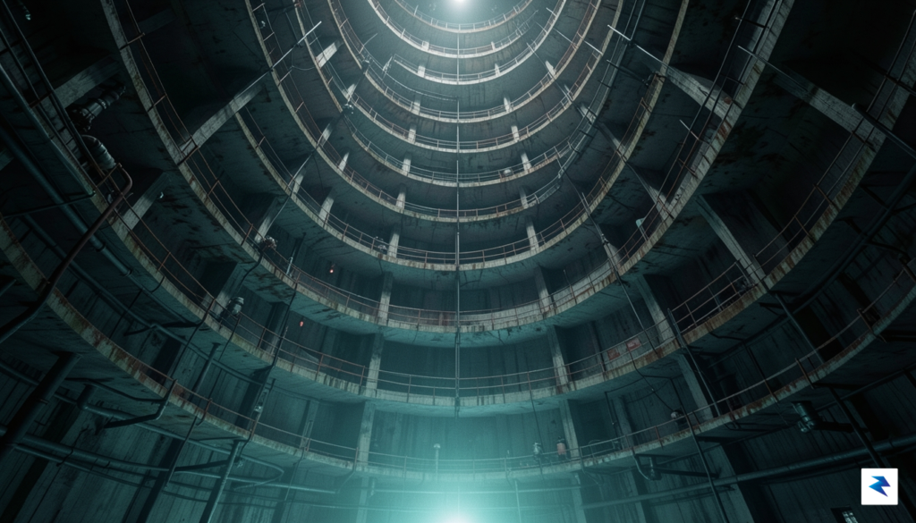 A wide, cinematic shot of a massive, multi-layered underground concrete…