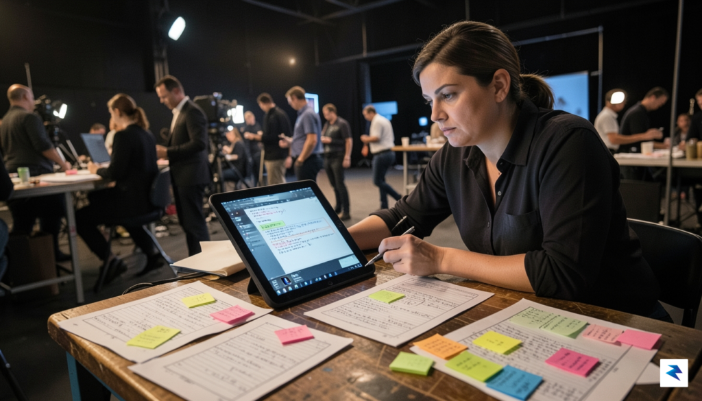 A focused script supervisor sitting on a dimly lit film…
