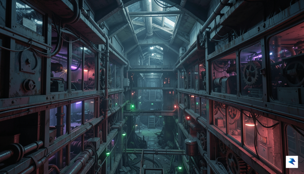 A stylized, cinematic wide shot of a futuristic, multi-level underground…