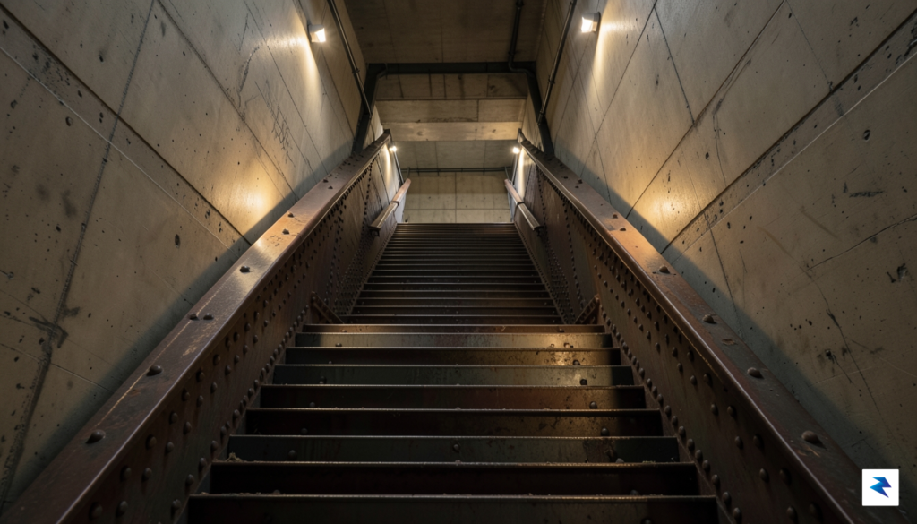 A wide, cinematic shot of the massive, subterranean stairwell in…