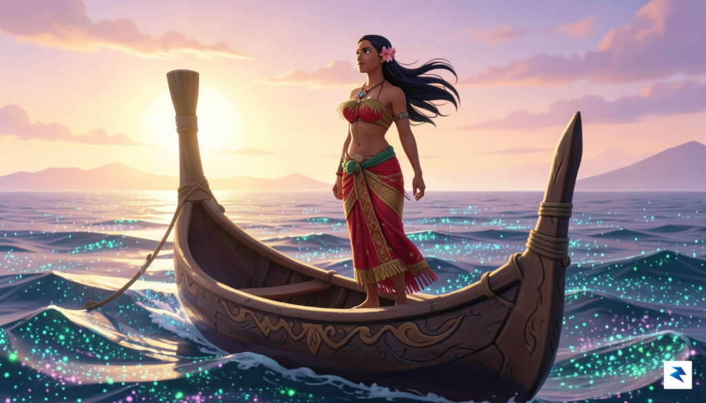 A vibrant, high-definition digital illustration of Moana standing on the&hellip;
