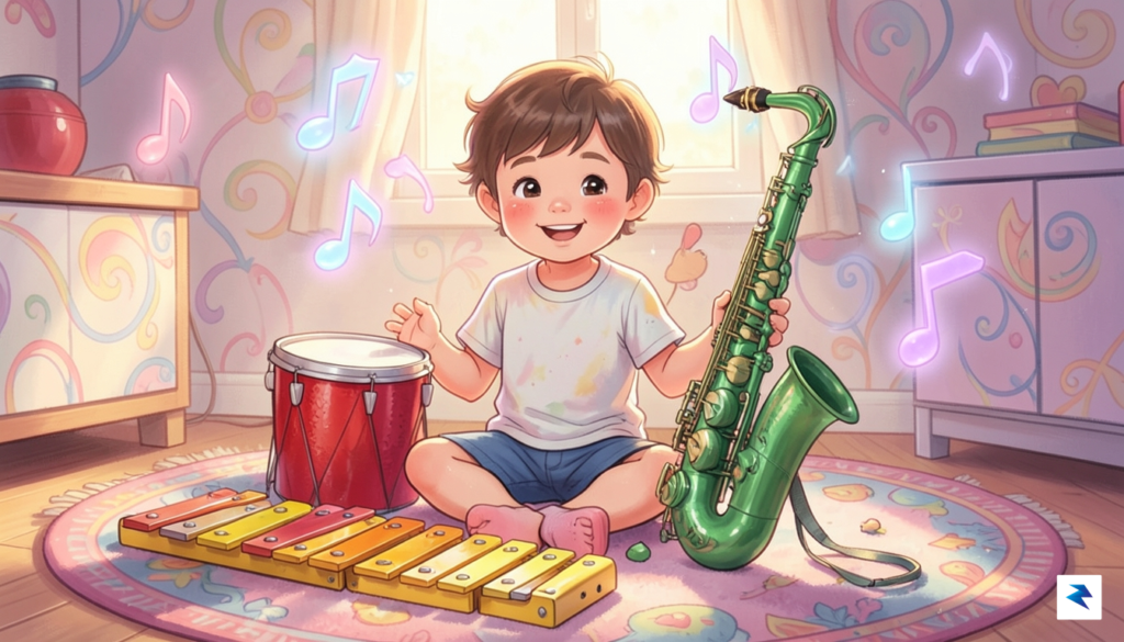 A vibrant, artistic illustration of a young child playing with&hellip;