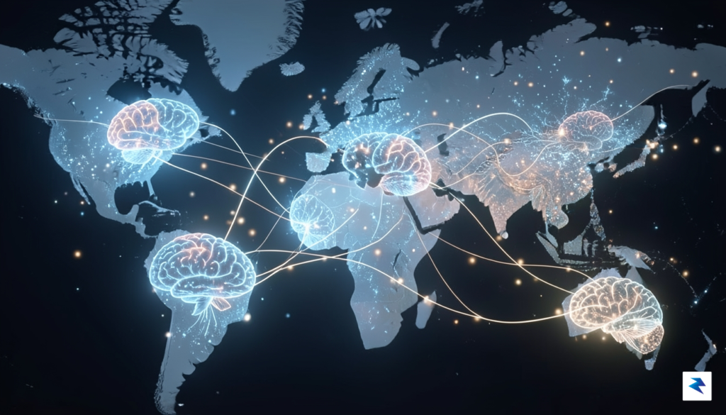 A conceptual digital illustration showing a glowing, interconnected global network&hellip;