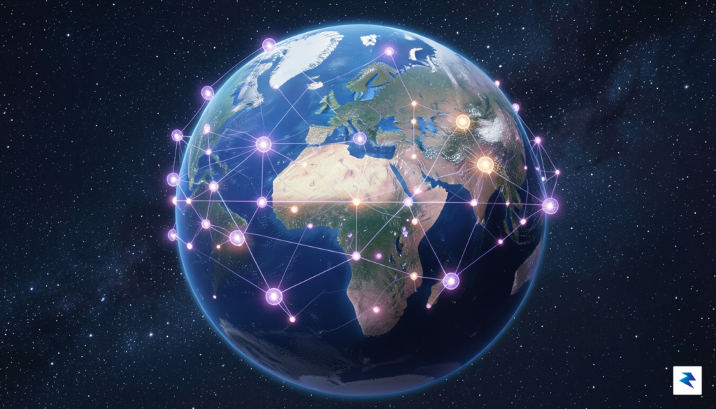 A wide-angle digital illustration showing a glowing, interconnected network of&hellip;