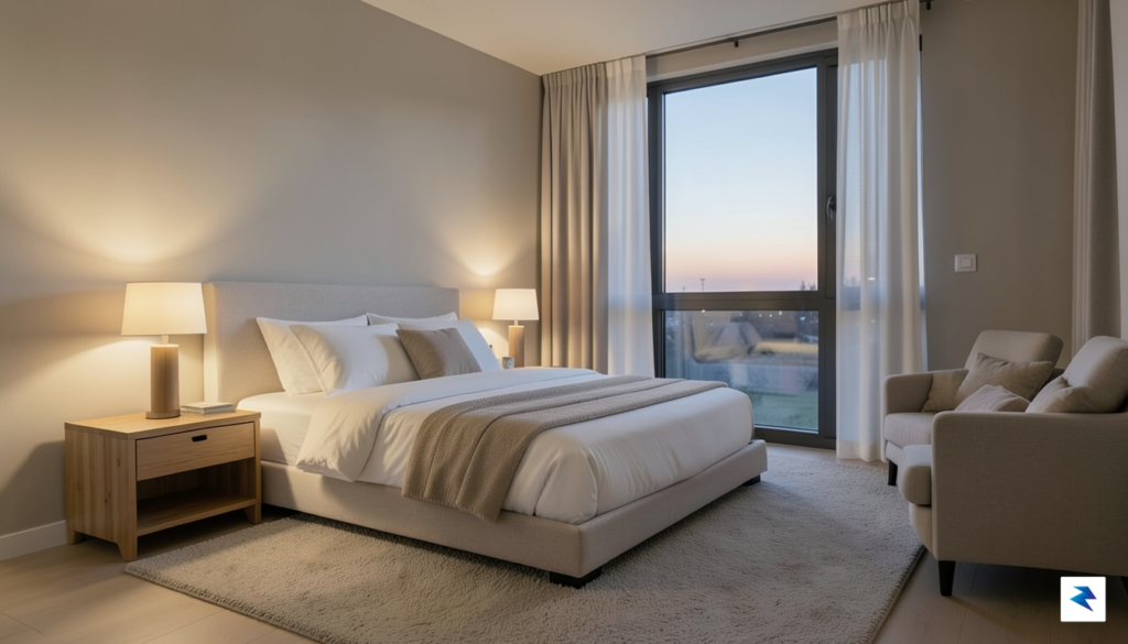 A serene, minimalist bedroom with soft, warm evening lighting and&hellip;