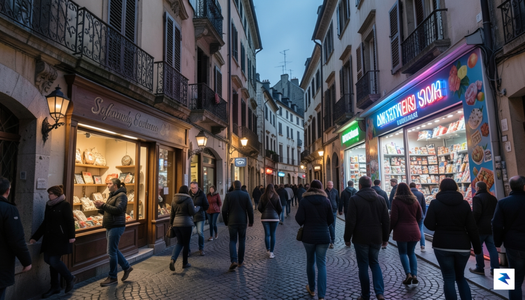 A bustling, narrow cobblestone street in an old European city…
