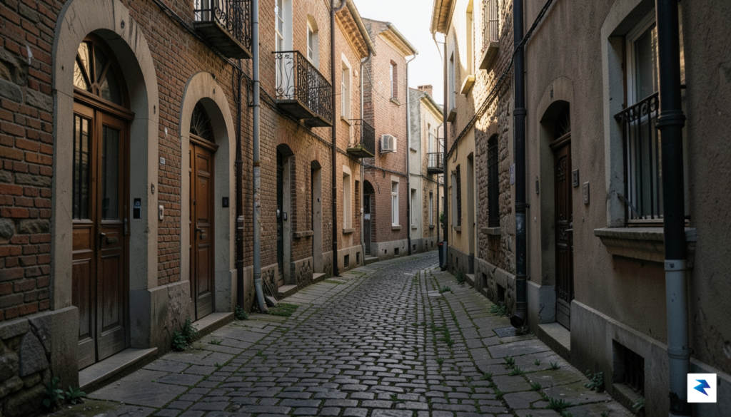 A candid, moody street-level photograph of a quiet, sun-dappled alleyway…
