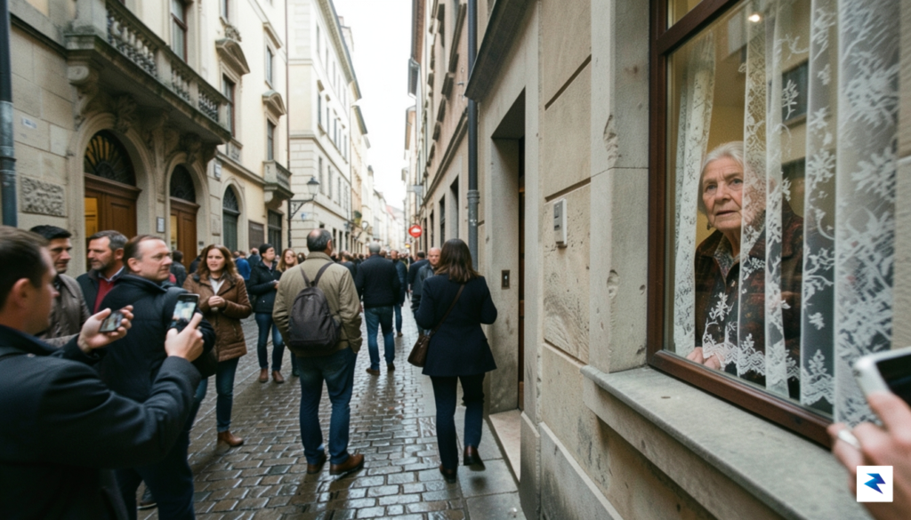 A candid, slightly blurred wide-angle shot of a narrow, historic…
