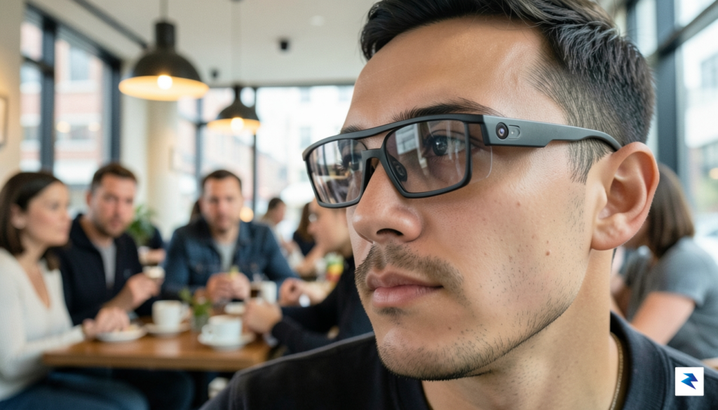 A close-up, slightly cinematic shot of a person wearing sleek,…