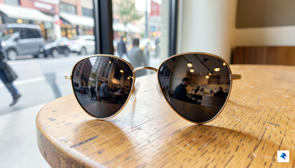 A sleek, high-definition photograph of a pair of classic-style sunglasses…